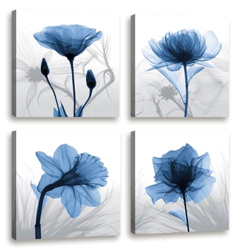 Wall Decorations For Living Room Decor - 4 Panel Elegant Tulip Flower Canvas Print Wall Art Paintings For Dining Room Wall Decor And Modern Framed Art Home Decor Size: 12x12inchx4pcs Blue Flower Print
