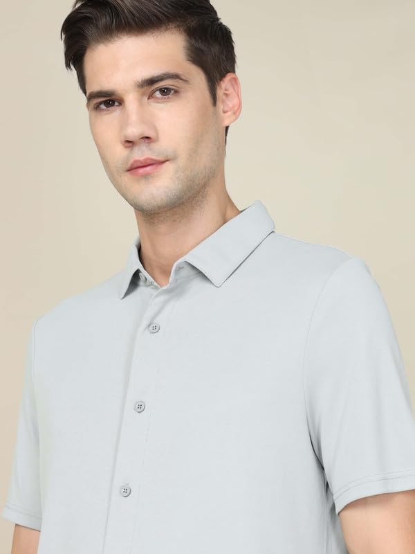 Image of TECHNOSPORT Men's Black Solid Regular Fit Spread Collar Casual Shirt with TECHNOCOOL+