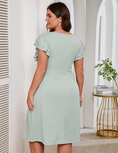 Image of ShopWonder Women Plus Size Midi Dress Short Ruffle Sleeves High Waist Casual Summer Dress with Pockets