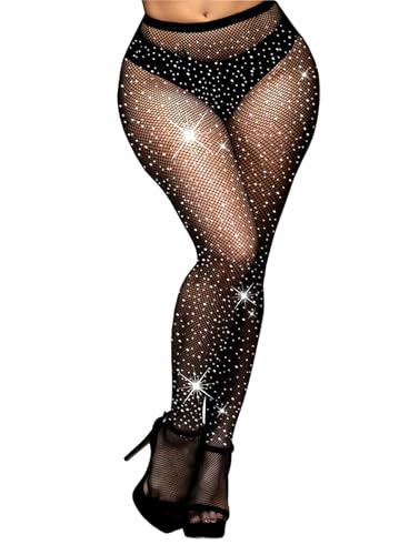 Image of FANCAME Women's Sparkly Fishnet Tights Shiny Mesh Pantyhose Rhinestone Glitter Party Fishnet Stockings (Plus Size, Black)