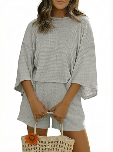 Tankaneo Womens Short Sets 2 Piece Outfits 3/4 Sleeve Tops