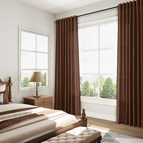 Image of Extra Long Mocha Brown Linen Curtains 120 Inch for Living Room Rod Pocket Back Tab Light Filtering Semi Sheer Drapes Privacy High Ceiling Drapes for Vintage Rustic Farmhouse 52x120,2 Panels