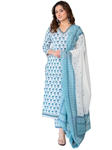 Image of Arayna Women's Pure Cotton Block Printed Ethnic Kurta Set with Palazzo & Dupatta