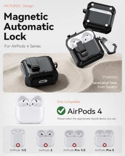 Image of for AirPods 4 Case with Lock (Black) | Compatible with MagSafe,with Phone Stand,with Automatic Snap Switch Carbon Fiber Design Protection Cover with Cleaning Pen