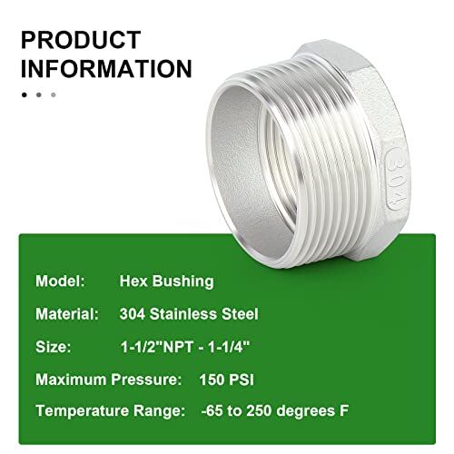 Image of TAISHER 5PCS 304 Stainless Steel Reducer Hex Bushing, 1-1 /2 inch NPT Male x 1-1 /4 inch NPT Female, Reducing Pipe Adapter Fitting