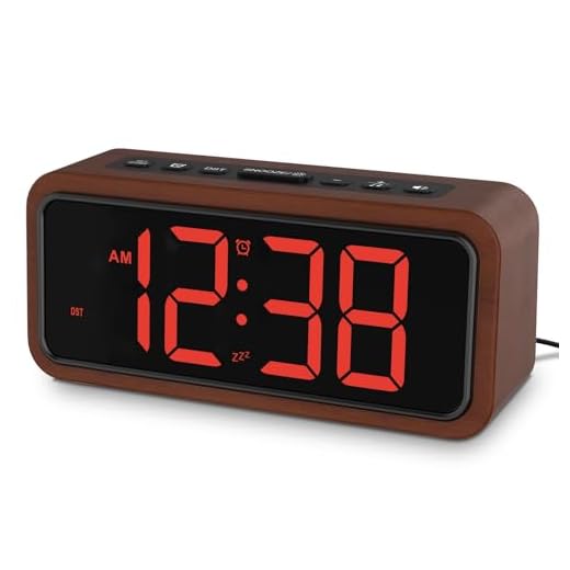 Netzu Wooden Alarm Clock, Loud Digital Clock with 5 Volumes, 12 Ringtones, Manual DST, Snooze Plug-in Alarm Clock for Heavy Sleepers Bedroom Bedside Living Room Office Wood Decor (Red)