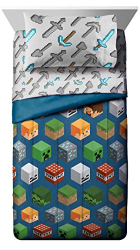 Image of Minecraft Creeper Full Comforter Set 5 Piece Kids Bedding for Boys, Blue | Zombie Steve, Bed in a Bag, Comforter Sheets Pillowcases, Official Product, Soft Microfiber, Machine Washable, Boys Gift