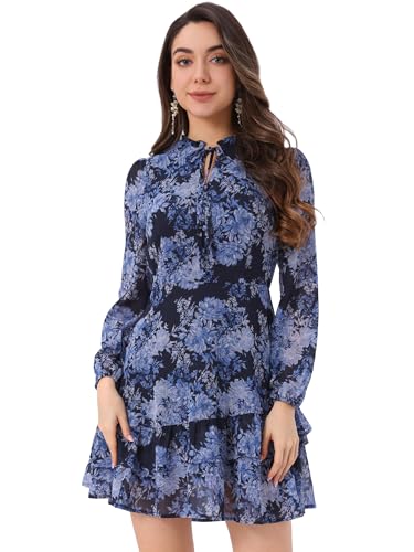 Image of Allegra K Women's Spring Dresses 2026 Tie V Neck Semi Sheer Long Sleeve Layered Tiered Chiffon Mini Floral Dress