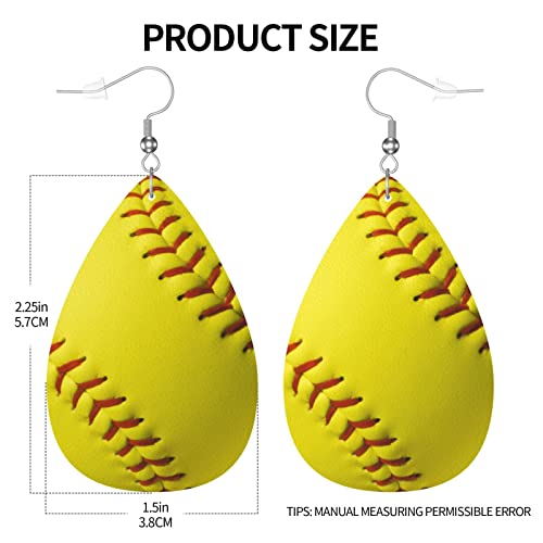Yellow Softball Faux Leather Teardrop Earrings For Teen Girls Women Drop Dangle Earrings Gift #TOP3