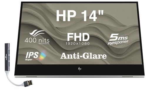 Image of HP 14 inch FHD IPS Portable Monitor with 5ms Response Time, Anti-Glare, Flicker Free, 400 nits Brightness, USB-C & Dockztorm USB Port Expander, Silver Color