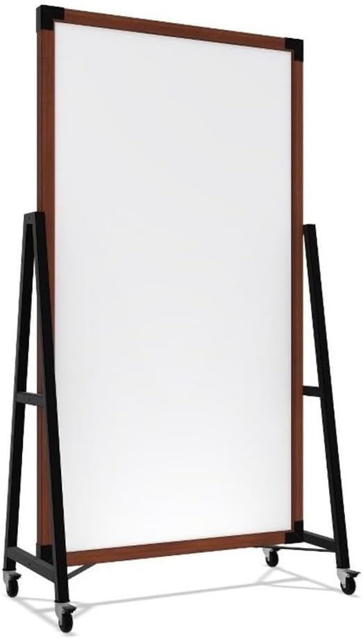 Pemberly Row Mobile Magnetic Whiteboard, 74 x 40 in, Porcelain Writing Surface, Carmel Oak Wood Frame, Dual Magnetic/Tackable Fabric Surface, Acoustical Benefits, Office Collaboration Tool