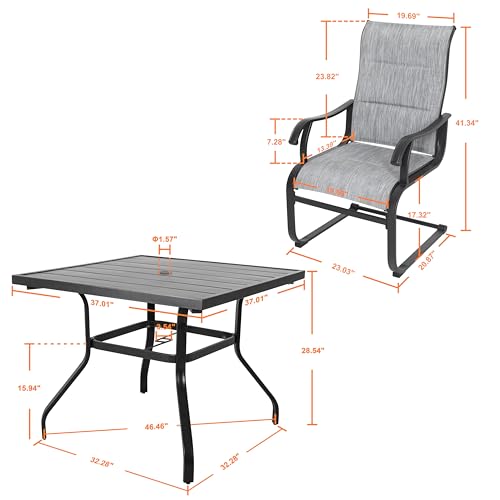 Image of NUU GARDEN 5-Piece Outdoor Dining Set, All Weather Outdoor Padded Textilene Patio Chairs and Square Dining Table with Umbrella Hole for Backyard, Patio, Garden, Deck, Light Black and Grey