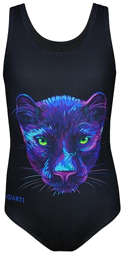 Aquarti Badeanzug Mädchen – Sportlicher Mädchen Badeanzug mit Ringerrücken Print, Farbe: Panther/Schwarz, Größe: 164