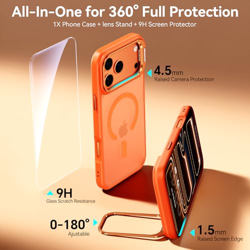 Image of for iPhone 17 Pro Max Case with Stash Lens Stand and 9H Screen Protector, Fit for MagSafe, Military-Grade Drop Protection Phone Case for iPhone 17 Pro Max, 360 Full Protection, Cosmic Orange