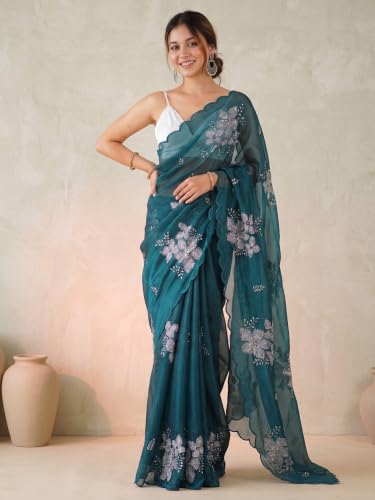 Image of AKHILAM Women's Shimmer Pure Georgette Embroidered Ready To Wear one Minute Saree With Unstitched Blouse Piece