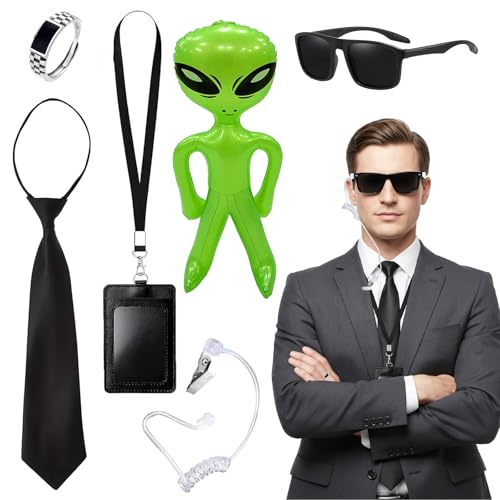 Agent Costume Black Men Secret Service Outfit Cosplay Costume Tie Sunglasses Ring Card Case Balloonfor World Book Day Halloween (Style 2)