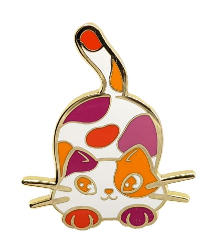 Lesbian Purride Calico Cat Hard Enamel Pin in Orange Lesbian Pride Flag Colors | Chibi Neko LGBTQ+ Subtle Pride Jewelry