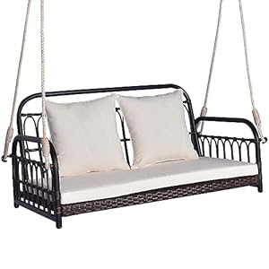 Tangkula Outdoor Wicker Porch Swing, 2-Person Hanging Seat with Seat & Back Cushions, Heavy-Duty Metal Frame & 2 Sturdy Hanging Ropes, Wicker Woven Swing Loveseat for Front Porch, Backyard (Off White)