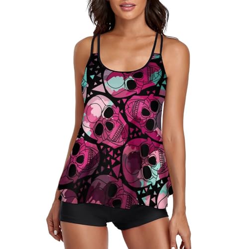 Maillot de Bain Tankini Crâne Violet Femme Ensemble Bikini avec Shorty