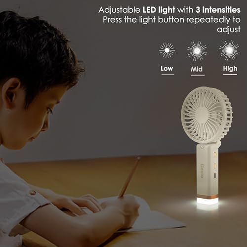 Image of Gesto Portable Fan Rechargeable with LED Light - Foldable Mini Fan, Small Fan,USB Charging Hand Fan with 1200mAh Battery & 3 Speed Modes | Travel, Makeup, Kitchen,Women's Personal Pankhaa - White