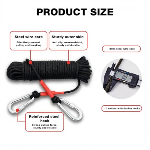 Image of HASTHIP 10m Clothes Drying Rope - Heavy Duty Polyester Cloth Rope for Drying Clothes with Hook 8mm Steel Core Clotheslines Wire Cloth Dry Ropes Wire, Black