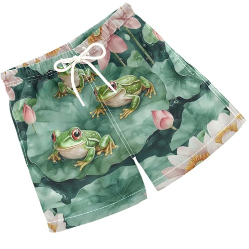 Pigsaly Boys' Swim Board Shorts Lotus Flowers Watercolor Green Frogs Boy's Swim Trunks Kids Swimwear 3T