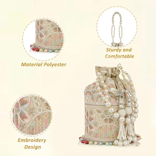 Image of Nevis Silk Fabric Embroidered Potli Bag with Pearl Beaded Handle | Designe Ethnic Drawstring Clutch for Wedding, Festive