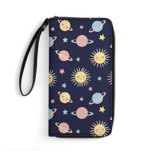 Waterproof Wallet for Women, PU Leather Long Clutch Travel Purse Sun Moon Planet Large Capacity ID Card Holder with Zipper3