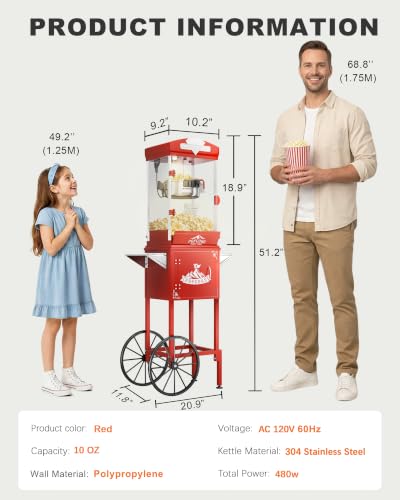 Image of 10 oz Popcorn Machine Cart, Popcorn Maker Machine with Wheel&Stainless-Steel Kettle Makes Up to 48 Cups, Vintage Movie Theater Style Pop Corn Machine, Red