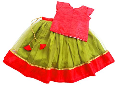 Image of Stanwells Kids Girls Pea Green & Red Lehenga Choli Set | Net Embroidered Ethnic Dress | Traditional South Indian Pattu Pavadai (3-6 Months)