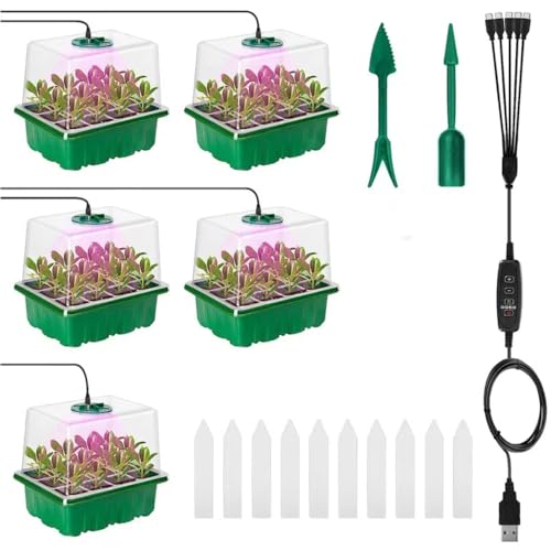 Yosimakotobiz 5個セット育苗ポット ライト付き育苗トレー 12穴育苗ホワイトラベル10個付き 種まきポット透明カバー 育苗マット園芸用品 コントローラー付き調節可能 便利性 耐久性高い
