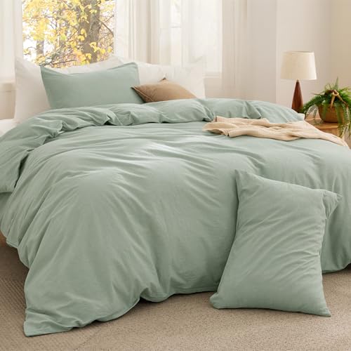 Image of Bedsure Comforter Set Queen Size - Cotton Fabric with Microfiber Inner Fill, Sage Green PureWoven Soft Bed Set for All Seasons, 3 Pieces, 1 Comforter (90 inchx90 inch) and 2 Pillow Cases (20 inchx26 inch)