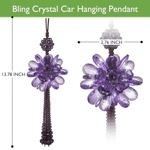 Image of Crystal Flower Ball Car Pendant Lucky Car Mirror Hanging Ornament Crystal Suncatcher Hanging Charm Auto Interior Decoration, Purple