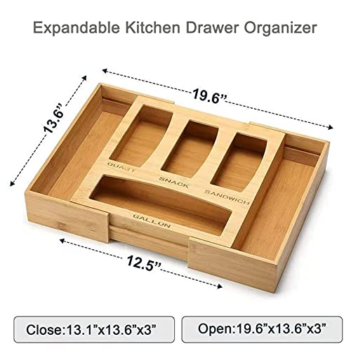 Bamboo Kitchen Bag Storage Organizer - Expandable Kitchen Drawer Organizer For Food Storage Bag, Compatible Ziploc, Hefty, Glad, Solimo, Suitable For Gallon, Quart, Sandwich & Snack Variety Size Bags #TOP5