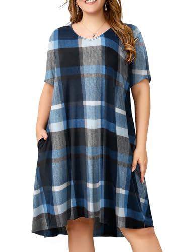 Image of OVERWORETY Womens Short Sleeve Plus Size T-Shirt Dress V Neck Casual Loose Swing A-Line Summer Tunic Dresses with Pockets