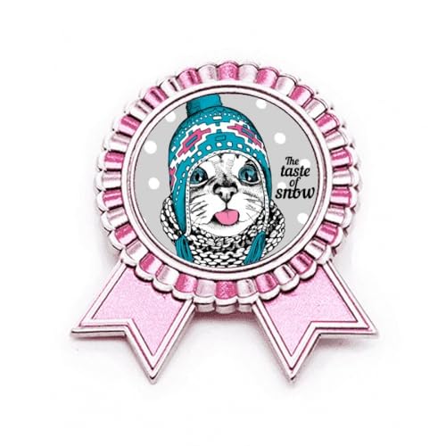 Broche tête de chat rose taille M en métal avec inscription « The Taste of Snow »