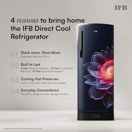 Image of IFB 206L 4 Star Advanced Inverter Direct-Cool Single Door Refrigerator with 30 Hrs Cooling Retention, Big Vegetable Box, 4 Year Super Warranty & Base Stand (2026, IFBDC-232DYBIED, Iris Petal Blue)