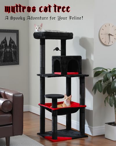 Image of MUTTROS Gothic Cat Tree with Super Large Hammock, 56.3 inch Black Cat Tower with Coffin Bed, Cat Condo, Sisal Scratching Posts & Top Perch, Multi-Level Goth Cat Tree, Halloween, Black