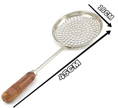 Bekner Stainless Steel Boondi Jhara With Wooden Handle (6 Inch Diameter) For Ladoo Making Strainer (Steel Pack of 1),Silver