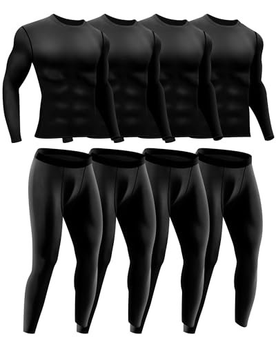 Hicarer 4 Set Men's Workout Compression Shirts Pants Set Long Sleeve Winter Thermal Underwear Base Layer Top Bottom