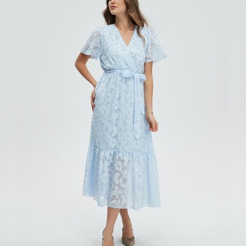 Image of Women's Summer Bohemian Floral Chiffon Dress Cap Sleeve V Neck Ruffle Long Flowy Boho Casual Vacation Dresses