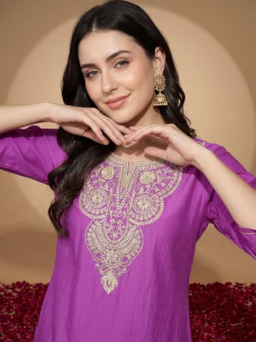 Image of INDO ERA Women's Silk Blend Embroidered Zari Work Straight Kurta & Pant Set | Cord Set For Women