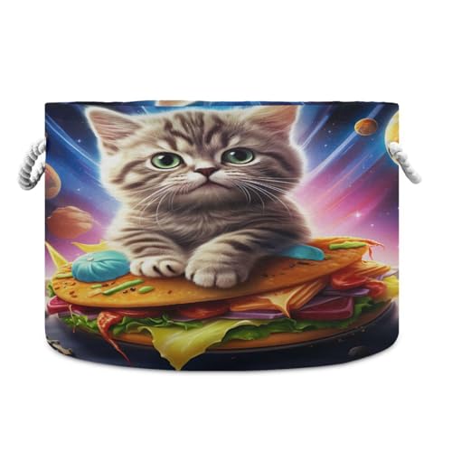 Round Cute Gray Kitten Taco Cat Storage Basket Large Organizer Bin Laundry Hamper Toy Storage Basket with Handle for Nursery Clothes Toys 202b5155