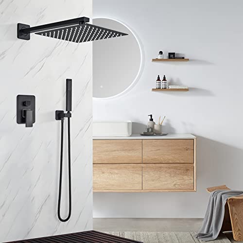 Cesinkin Douche Encastré Système de douche robinetterie de douche 12 pouces ensemble de douche à effet pluie avec douche de tête douchette 2 fonctions laiton pour baignoires Noir