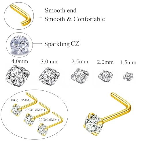 316L Surgical Steel 22g/20g/18g Nose Rings Studs L-Shape Nose Nostrial Piercing Body Jewerly L Shaped Nose Studs 1.5mm 2mm 2.5mm 3mm CZ Nose Screw Studs Rings for Women