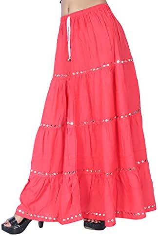 reyon Cotton Plastic Mirror Thread embroedary Flared Long Maxi Skirt for Girls/Womens/Ladies