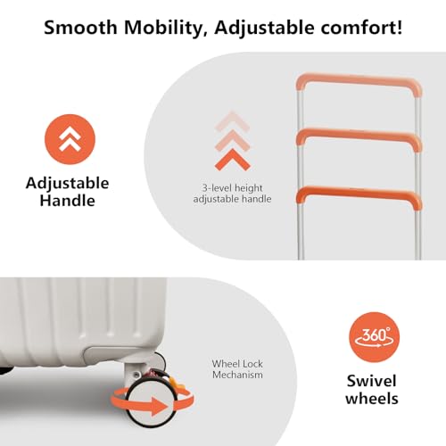 20" Aluminum Frame PC Hard Shell Spinner Suitcase for Travel, Cabin Luggage Airline Certified, 360° Spinner, TSA Lock, Cup and Phone Holder, USB Charging Port, Sky Blue (White, 20 in)4