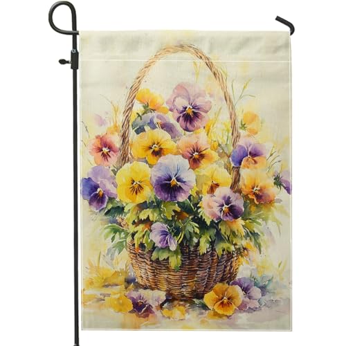 Drapeau de jardin de pensée printanière d'été, panier floral coloré, bannière de décoration extérieure, drapeau de cour double face, décoration de la maison, décoration saisonnière de pelouse, 30,5 x