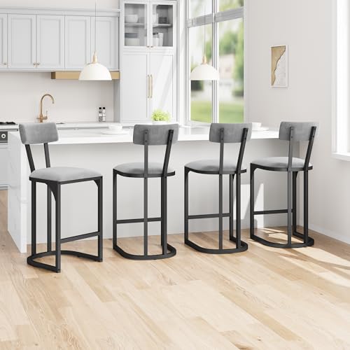 GarveeHome Bar Stools Set of 4, Counter Height Bar Stools, Curved Back with Metal Frame Island Chairs with Upholstered Modern Tall Barstools Counter Stools for Kitchen Dining Room (Gray)