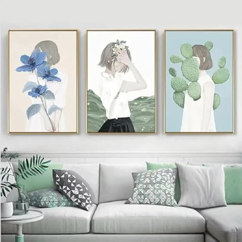 Art mural abstrait fille et cactus vert pour illuminer un grand salon moderne